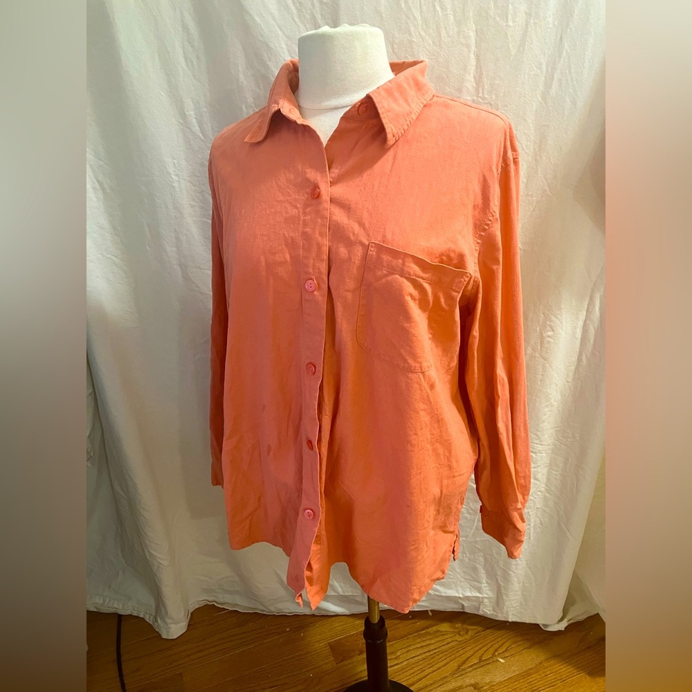 Liz Baker Linen Cotton Coral Button-Up Shirt Women’s 1X – Breezy & Classic